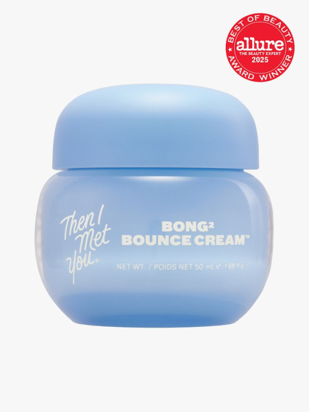 Then I Met You Bong2 Bounce Cream in branded blue jar with cap on light gray background with red Allure Best of Beauty seal in the top right corner